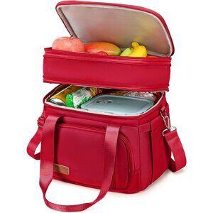 Double Deck Insulated Lunch Box for Men & Women, Leakproof Tote Cooler (Red)
